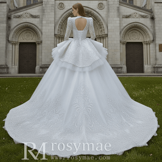 Puffy Skirt Luxury Sparkly Long Sleeve Wedding Dress with Keyhole - Rosymae