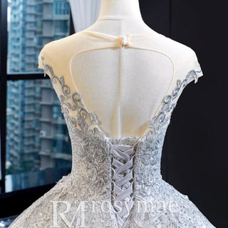 Puffy Skirt Sparkly Empire Waist Wedding Dress with Cap Sleeve - Rosymae