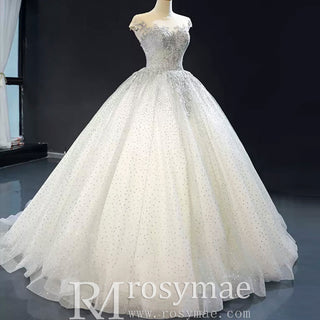 Puffy Skirt Sparkly Empire Waist Wedding Dress with Cap Sleeve - Rosymae