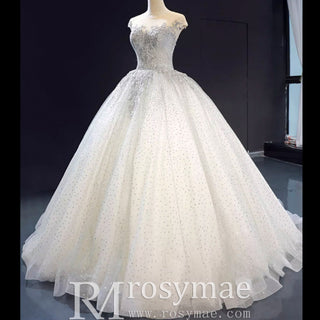 Puffy Skirt Sparkly Empire Waist Wedding Dress with Cap Sleeve - Rosymae
