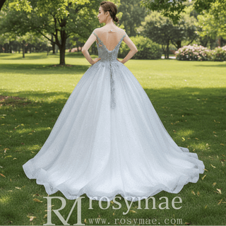 Puffy Skirt Sparkly Empire Waist Wedding Dress with Cap Sleeve - Rosymae
