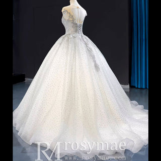 Puffy Skirt Sparkly Empire Waist Wedding Dress with Cap Sleeve - Rosymae