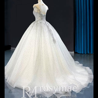 Puffy Skirt Sparkly Empire Waist Wedding Dress with Cap Sleeve - Rosymae