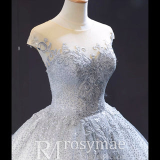 Puffy Skirt Sparkly Empire Waist Wedding Dress with Cap Sleeve - Rosymae