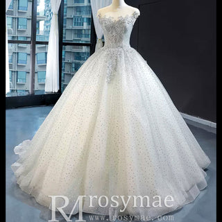 Puffy Skirt Sparkly Empire Waist Wedding Dress with Cap Sleeve - Rosymae
