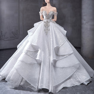 Off Shoulder Sparkly luxurious Wedding Dresses with Puffy Ruffle Skirt