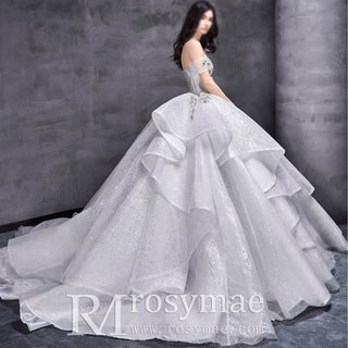 Off Shoulder Sparkly luxurious Wedding Dresses with Puffy Ruffle Skirt
