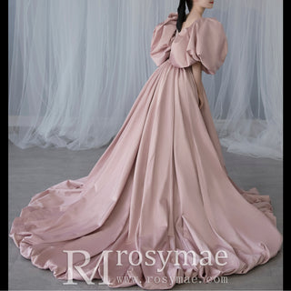 Puffy Half Sleeve Pink Satin Formal Gown Party Dress with Deep Vneck