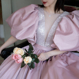 Puffy Half Sleeve Pink Satin Formal Gown Party Dress with Deep Vneck