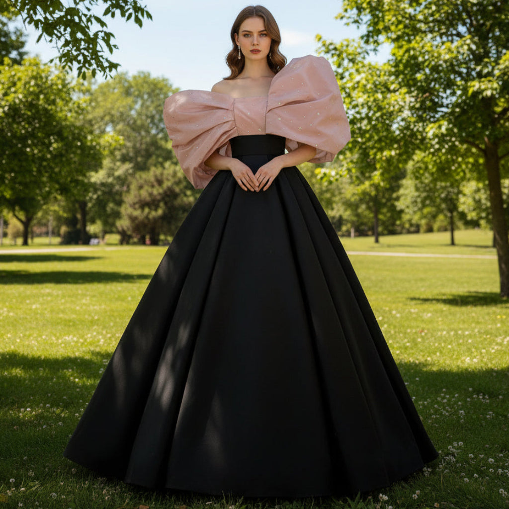Big Puffy Sleeve Black & Pink Formal Dress Party Gowns Floor Length Black+Pink / 24W Big Puffy Sleeve Black & Pink Formal Dress Party Gowns Floor Length Black+Pink / 24W