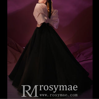 Big Puffy Sleeve Black & Pink Formal Dress Party Gowns Floor Length
