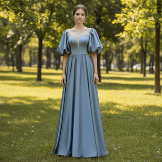 Puffy Sleeve Baby Blue Formal Dress Prom Party Gown with Pearls - Rosymae