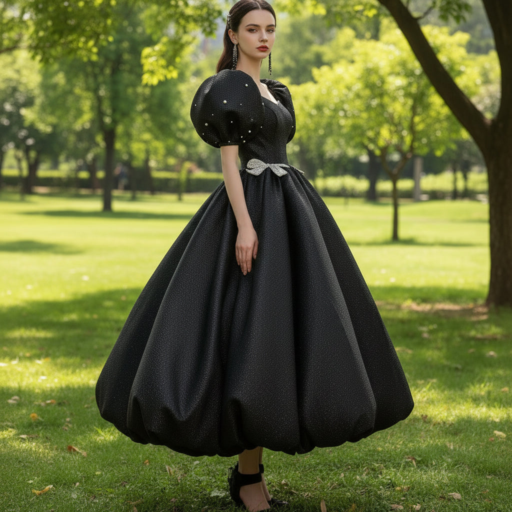Black Cocktail Dress Calf Length Party Gown with Puffy Short Sleeve Black / 18W Black Cocktail Dress Calf Length Party Gown with Puffy Short Sleeve Black / 18W