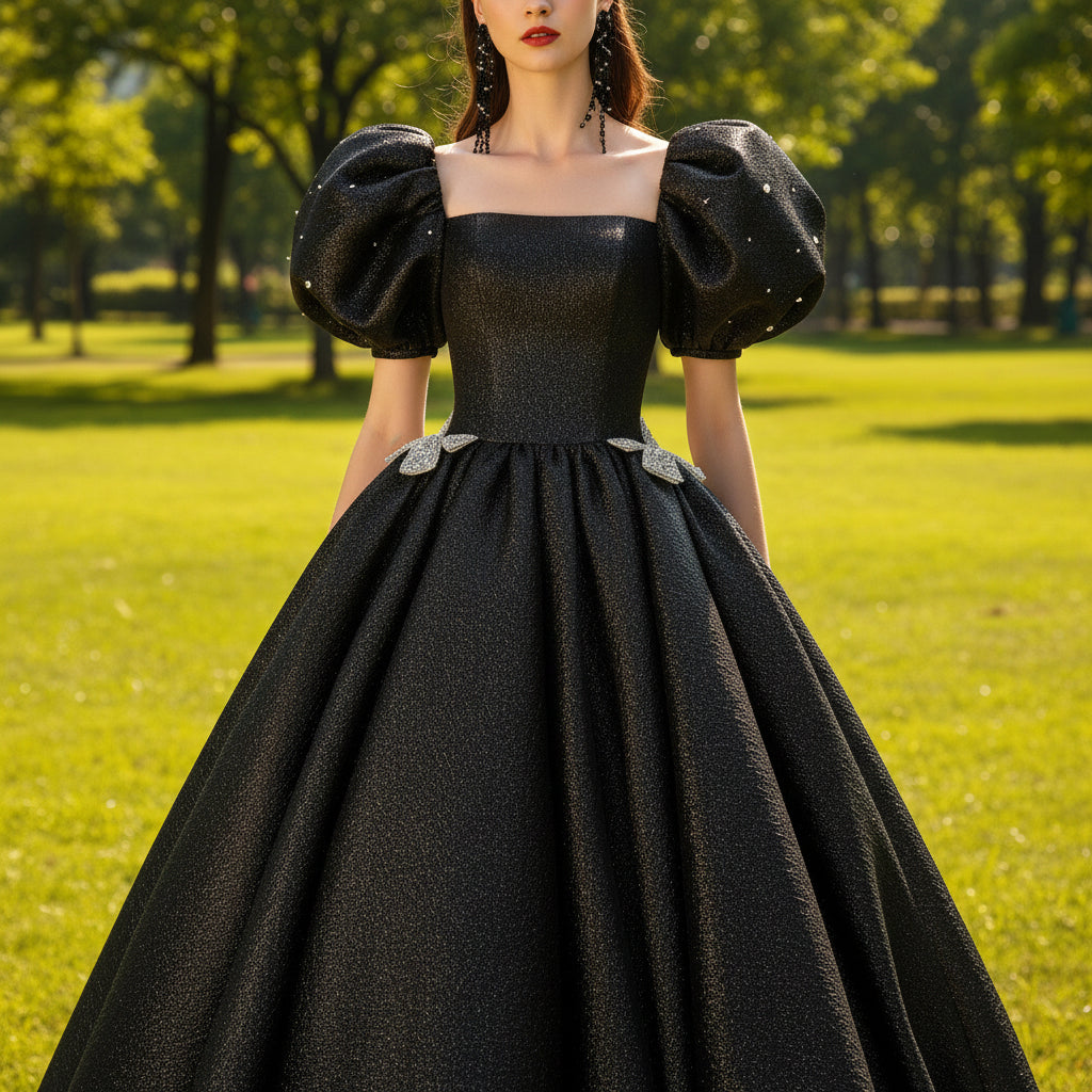 Black Cocktail Dress Calf Length Party Gown with Puffy Short Sleeve Black / 18W Black Cocktail Dress Calf Length Party Gown with Puffy Short Sleeve Black / 18W