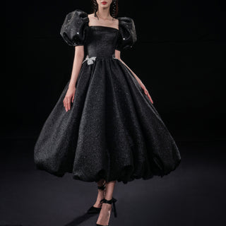Black Cocktail Dress Calf Length Party Gown with Puffy Short Sleeve