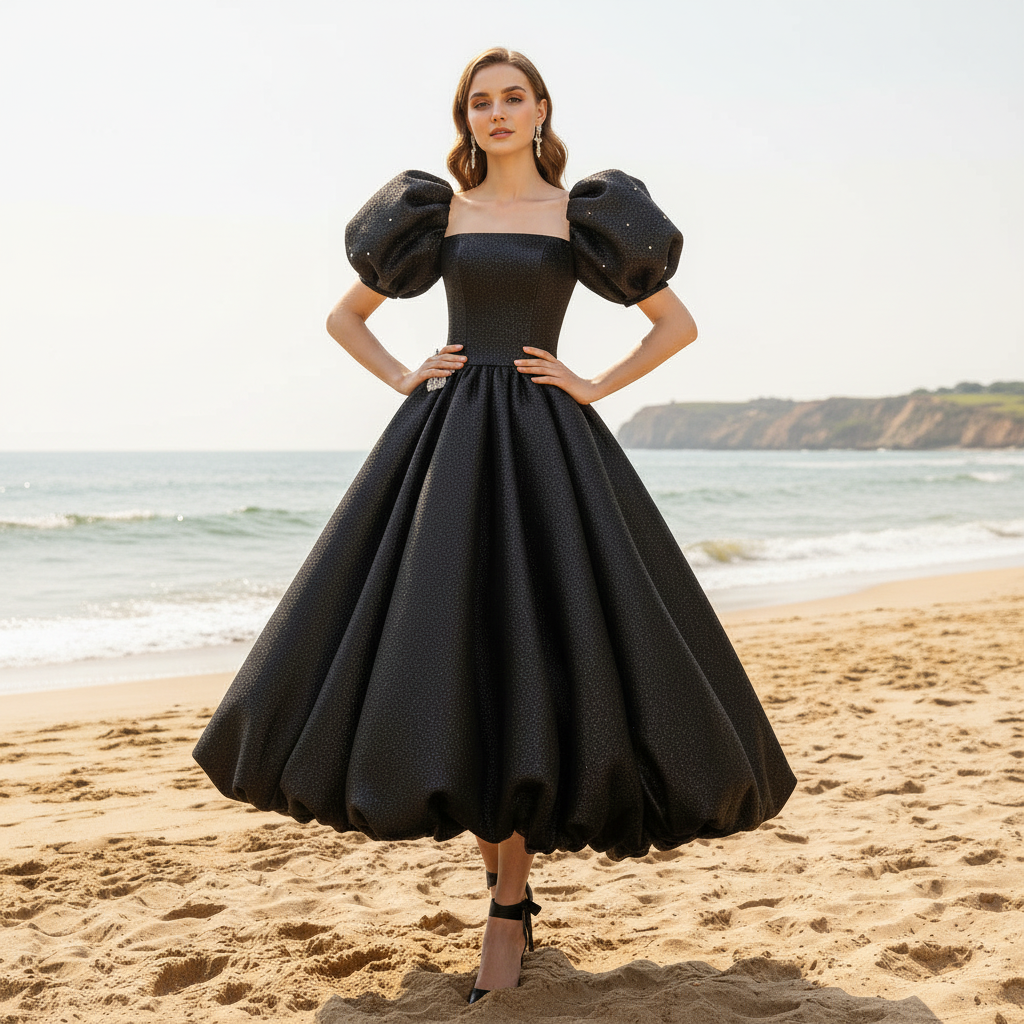 Black Cocktail Dress Calf Length Party Gown with Puffy Short Sleeve Rosymae Black Cocktail Dress Calf Length Party Gown with Puffy Short Sleeve Rosymae