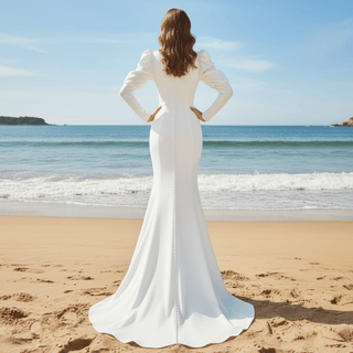 Puffy Sleeve Sheath Bridal Gown V-neck Wedding Dress - Rosymae