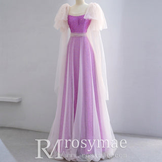 Purple Evening Dresses with Square Neck and Long Sleeve