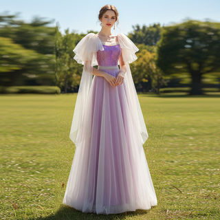 Purple Evening Dresses with Square Neck and Long Sleeve