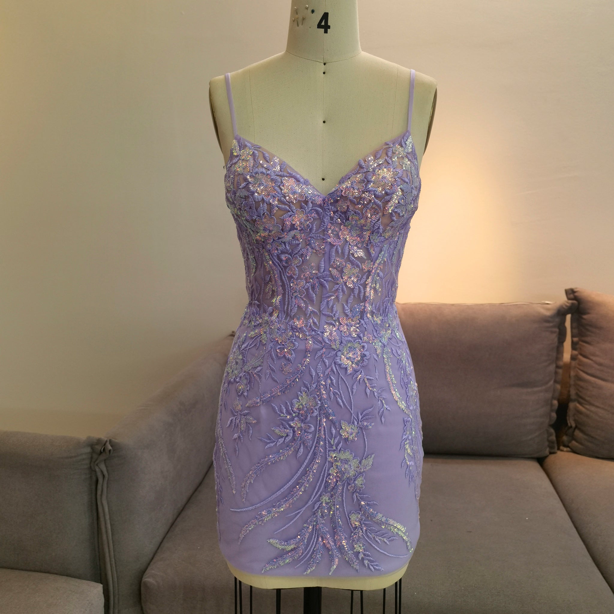 Elegant Above Knee Length Cocktail Dresses with Spaghetti Straps Lilac / 14 Elegant Above Knee Length Cocktail Dresses with Spaghetti Straps Lilac / 14