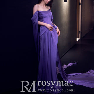 Off the Shoulder Long Purple Prom Dress with Cape