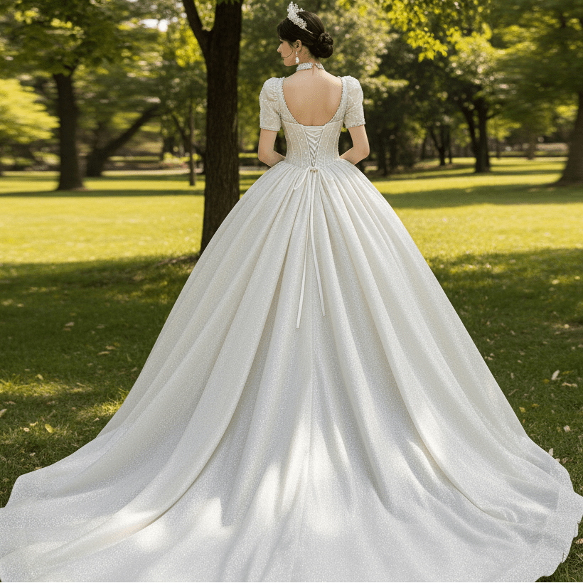 Queen-ann Neck Ball Gown Wedding Dress with Short Sleeve - Rosymae