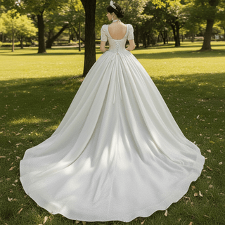 Queen-ann Neck Ball Gown Wedding Dress with Short Sleeve - Rosymae