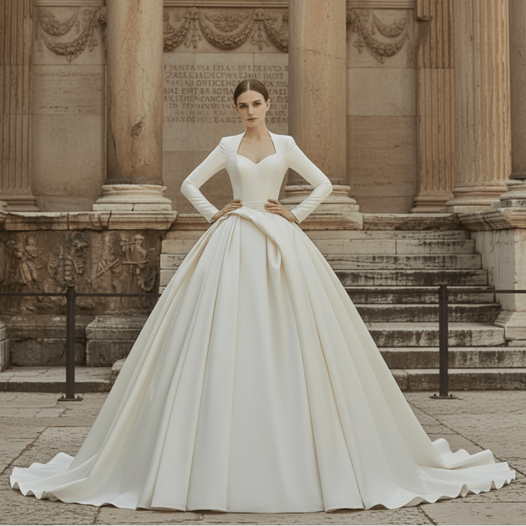 Queen-ann Neck Long Sleeve Wedding Dress with High Back - Rosymae