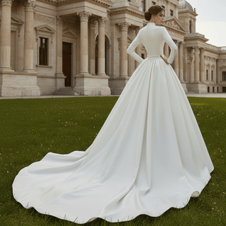 Queen-ann Neck Long Sleeve Wedding Dress with High Back - Rosymae