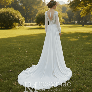 Queen-ann Neckline Long Sleeve Chiffon Wedding Dress - Rosymae