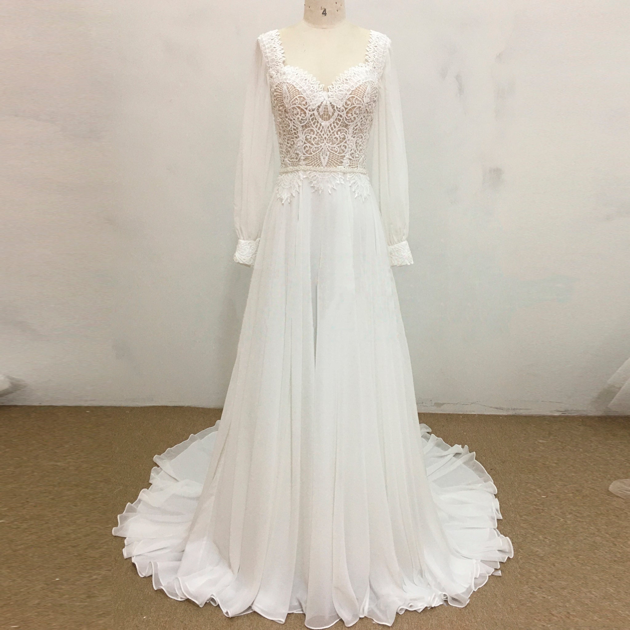 Queen-ann Neckline Long Sleeve Chiffon Wedding Dress - Rosymae