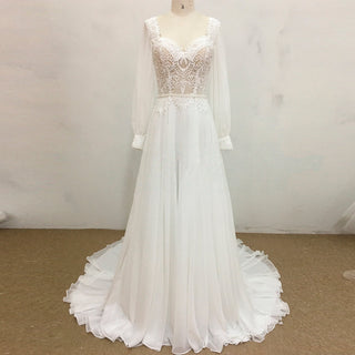 Queen-ann Neckline Long Sleeve Chiffon Wedding Dress - Rosymae