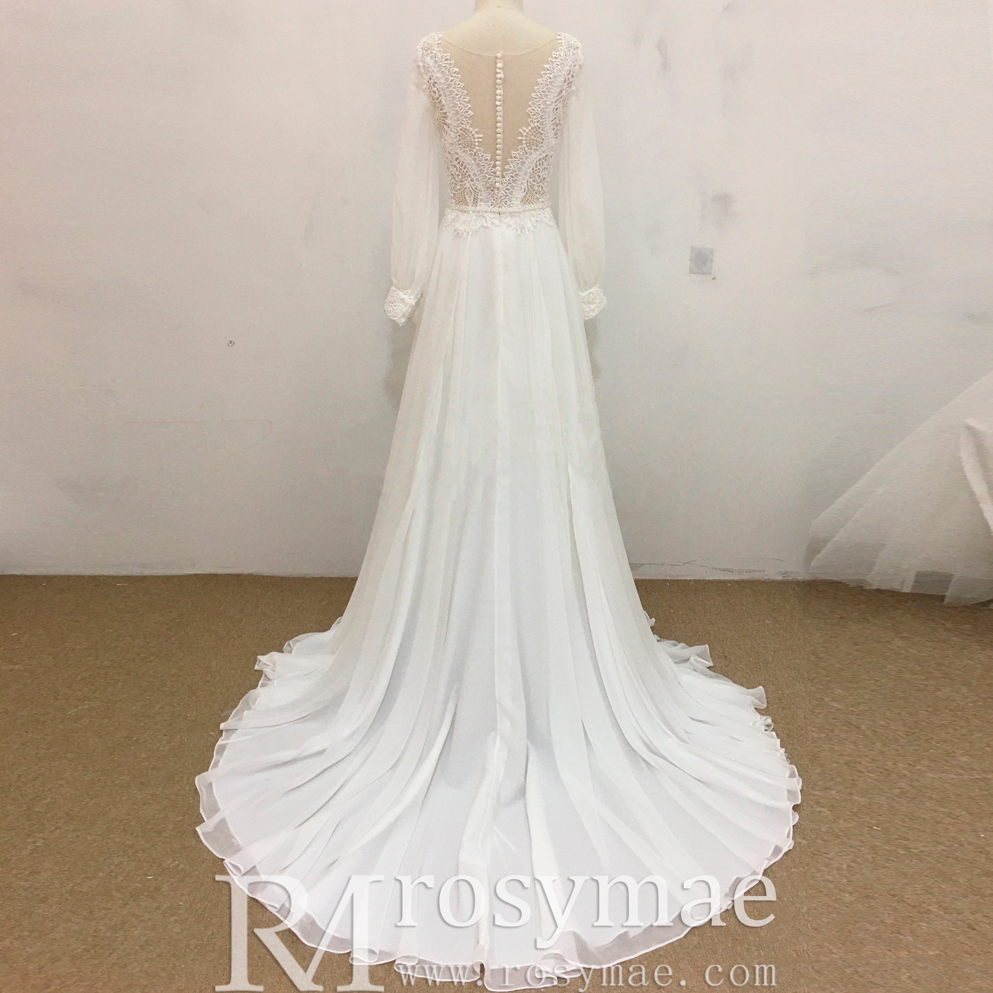 Queen-ann Neckline Long Sleeve Chiffon Wedding Dress - Rosymae