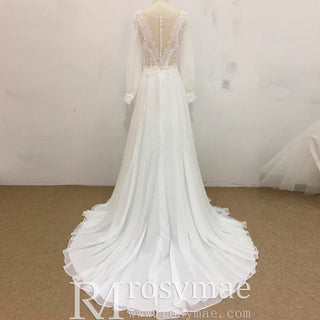 Queen-ann Neckline Long Sleeve Chiffon Wedding Dress - Rosymae