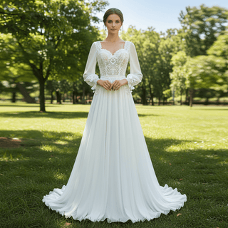 Queen-ann Neckline Long Sleeve Chiffon Wedding Dress - Rosymae