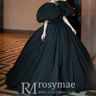 Sexy Ball Gown Black Wedding Dress with Short Puffy Sleeves