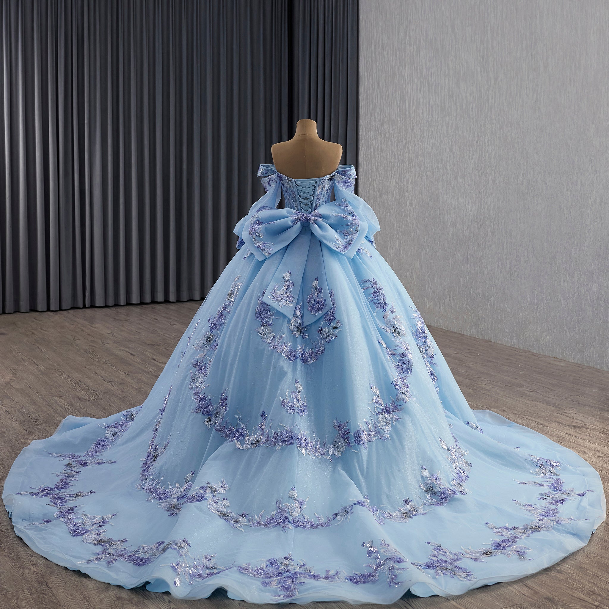 Quinceañera Dress with Corset Boning Glitter Tulle Skirt & Removable Sleeves - Rosymae