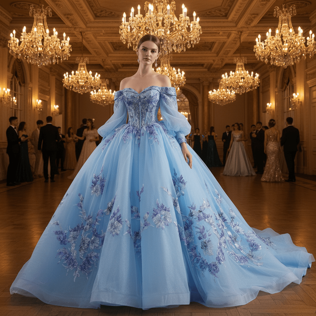 Quinceañera Dress with Corset Boning Glitter Tulle Skirt & Removable Sleeves - Rosymae