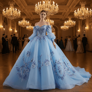 Quinceañera Dress with Corset Boning Glitter Tulle Skirt & Removable Sleeves - Rosymae