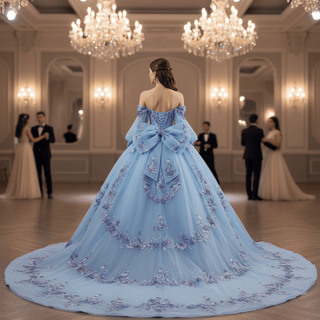 Quinceañera Dress with Corset Boning Glitter Tulle Skirt & Removable Sleeves - Rosymae