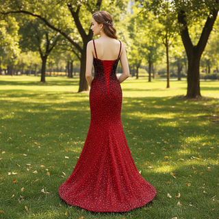 Mermaid Beaded with Removable Overskirt Prom Dress Spaghetti Strap Pageant Dress