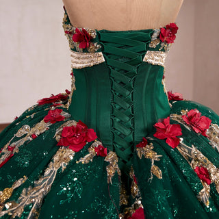 Red and Gold Floral Emerald Ball Gown for Non-Traditional Weddings or Royal Prom - Rosymae