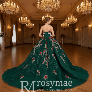 Red and Gold Floral Emerald Ball Gown for Non-Traditional Weddings or Royal Prom - Rosymae