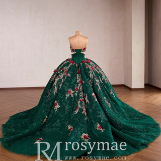 Red and Gold Floral Emerald Ball Gown for Non-Traditional Weddings or Royal Prom - Rosymae