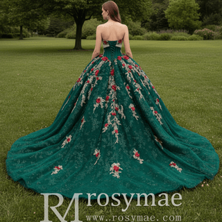 Red and Gold Floral Emerald Ball Gown for Non-Traditional Weddings or Royal Prom - Rosymae