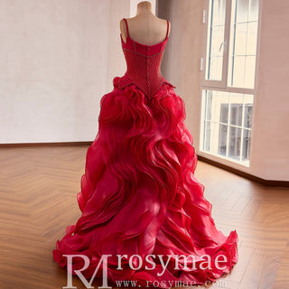 Red Beaded Basque Waist Prom Dress with Geometric Lattice Beadwork & Sculpted Ruffles - Rosymae