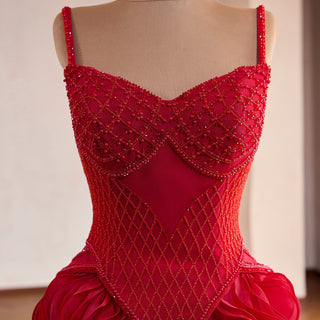 Red Beaded Basque Waist Prom Dress with Geometric Lattice Beadwork & Sculpted Ruffles - Rosymae