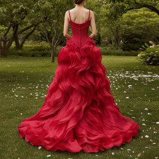 Red Beaded Basque Waist Prom Dress with Geometric Lattice Beadwork & Sculpted Ruffles - Rosymae