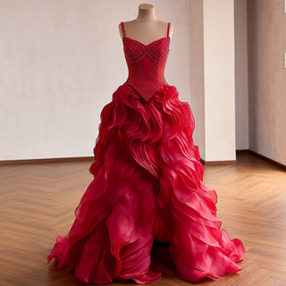 Red Beaded Basque Waist Prom Dress with Geometric Lattice Beadwork & Sculpted Ruffles - Rosymae