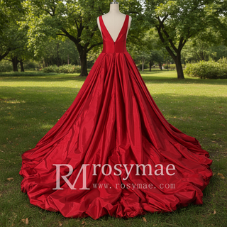 Simple Off Shoulder Red Wedding Dress with Vneck